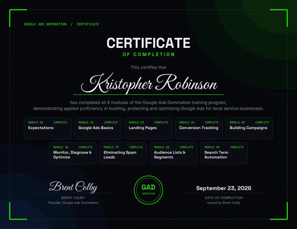 Google Ads Domination certificate of completion awarded to Kristopher Robinson, September 2026